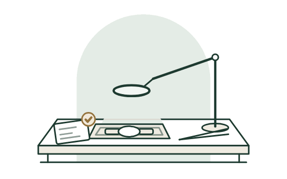 A specialist's bench with a watch under a lamp and a loupe