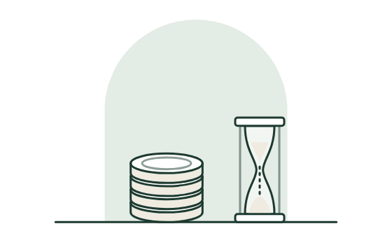 A stack of coins beside an hourglass